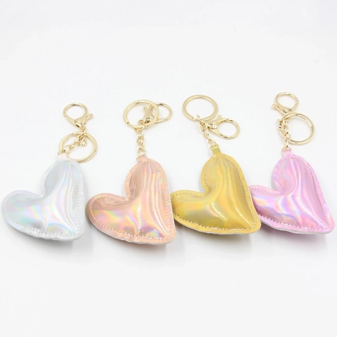 Simpatico Portachiavi a Forma di Cuore in Pelle PU Laser Olografico Ciondolo per Borsa Con Chiusura a Moschettone in Lega per Donna