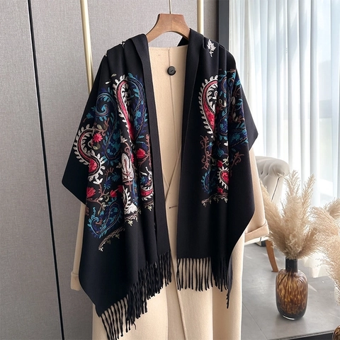 Scialle Sciarpa Ricamato Stile Etnico Simil Cashmere Paisley Floreale Spesso Caldo Frange Lunghe Per Donna Retro
