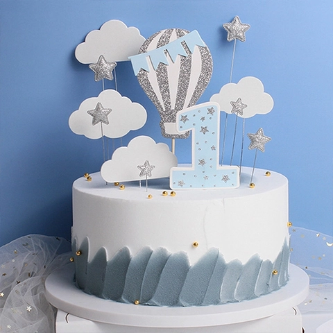 Sparkly Glitter Paper Cake Toppers Hot Air Balloon Clouds Stars Crown Baby Birthday Party Decoration Baby Shower