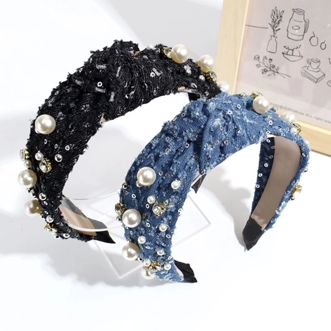 Diadema Ancha Anudada De Tela Vaquera Con Perlas Artificiales Artificiales Y Pedrería Cinta Para El Pelo Moda Mujer Accesorios
