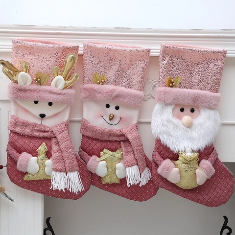 Calze Di Natale Con Paillettes Rosa Sacchetti Di Caramelle Appesi Peluche Babbo Natale Pupazzo Di Neve Renna Decorazione Per Feste Casa