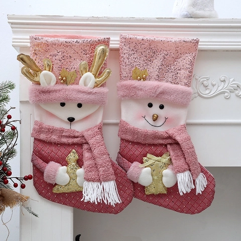 Calze Di Natale Con Paillettes Rosa Sacchetti Di Caramelle Appesi Peluche Babbo Natale Pupazzo Di Neve Renna Decorazione Per Feste Casa
