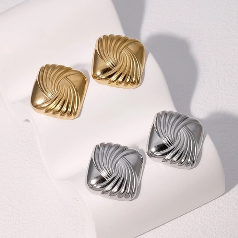 Edelstahl Quadratische Ohrstecker Spiralrippenstruktur Geometrisch 18K Vergoldet Minimalistischer Retro Stil Für Frauen