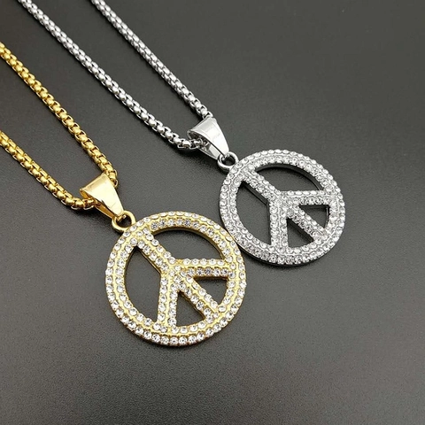 Collana Con Ciondolo Simbolo Della Pace Acciaio Inossidabile Iced Out Strass Hip Hop Gioielli Di Moda Uomo Donna