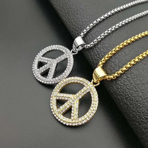 Collana Con Ciondolo Simbolo Della Pace Acciaio Inossidabile Iced Out Strass Hip Hop Gioielli Di Moda Uomo Donna