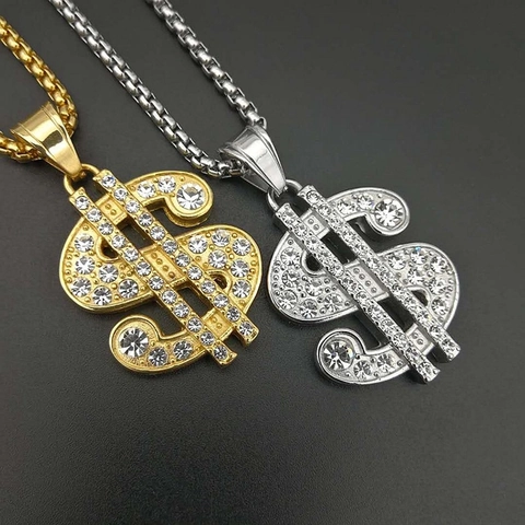 Collar Con Colgante De Signo De Dólar Acero Inoxidable 316 Chapado En Oro Iced Out Diamantes De Imitación Joyería Hip Hop