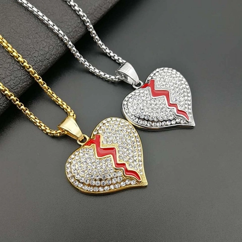 Collar Con Colgante De Corazón Roto Acero Inoxidable Esmalte Rojo Diamantes De Imitación Joyería Hip Hop Unisex