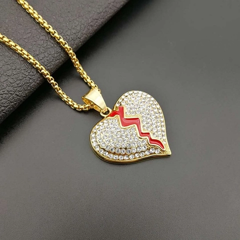 Collar Con Colgante De Corazón Roto Acero Inoxidable Esmalte Rojo Diamantes De Imitación Joyería Hip Hop Unisex