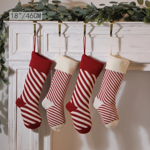Christmas Stockings Knitted Acrylic Diagonal Stripe Classic Candy Cane Style Holiday Fireplace Mantle Decor Hanging Gift Bag