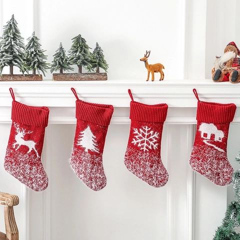 Calze Di Natale In Nylon Lavorato A Maglia Ornamenti Appesi Decorazione Natalizia Motivo Renna Albero Casa Fiocco Di Neve Sacchetti Regalo