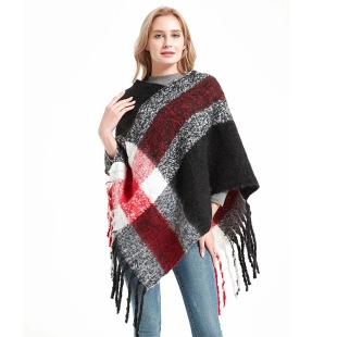 Poncho Scialle A Quadri Da Donna Poliestere Maglia Filato Boucle Spesso Pullover Frange Nappe Autunno Inverno Retro