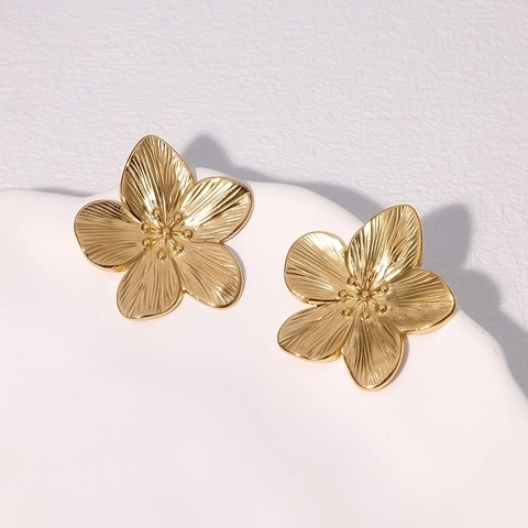 Flower Stud Earrings Stainless Steel 18K Gold Plated Retro Textured Petal Vintage INS Style Fashion Jewelry For Women