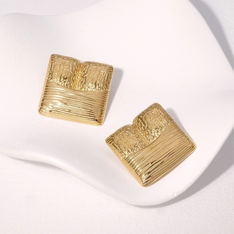 Vintage Geometric Square Stud Earrings Stainless Steel 18K Gold Plated Textured Hammered Tarnish Free Luxury For Women