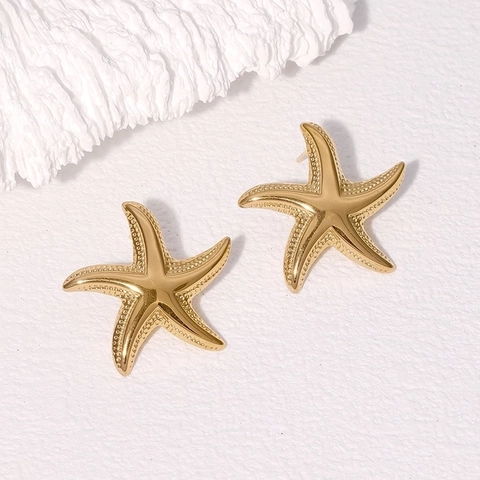 Starfish Stud Earrings Stainless Steel Textured Ocean Beach Vacation Style Minimalist Unique Fashion Jewelry For Women