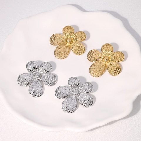 Flower Stud Earrings Stainless Steel Hammered Texture Elegant 18K Gold Plated Floral Ear Jewelry For Women
