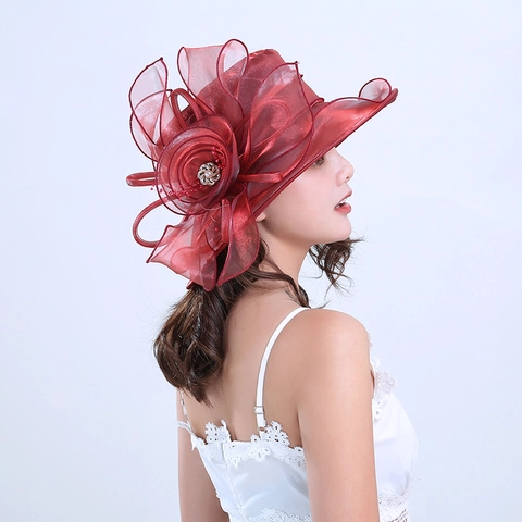 Women Elegant Organza Sun Hat Wide Brim Floral Kentucky Derby Church Wedding Party Dress Mesh Flower Summer Hat