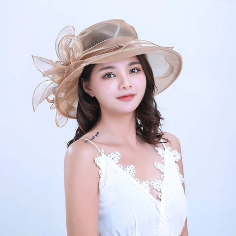 Women Elegant Organza Sun Hat Wide Brim Floral Kentucky Derby Church Wedding Party Dress Mesh Flower Summer Hat