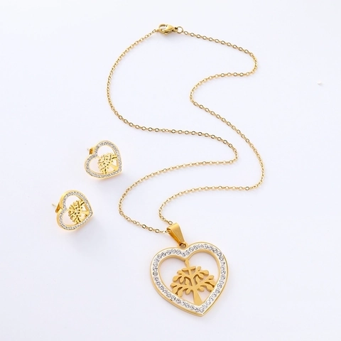 Albero Della Vita Cuore Rotondo Collana Orecchini Placcato Oro 18K Acciaio Inossidabile 304 Strass Smalto Gioielli Donne