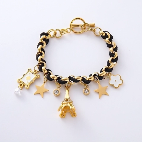 Pulsera De Dijes Torre Eiffel Carta De Póker Estrella Flor Acero Inoxidable 304 Chapado En Oro 18K Cordón Trenzado Mujer