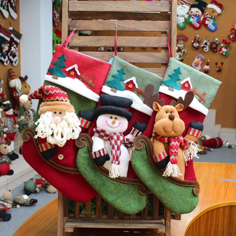 Christmas Stockings Hanging Gift Bags 3D Santa Snowman Reindeer Pattern Flannel Felt Holiday Tree Decor
