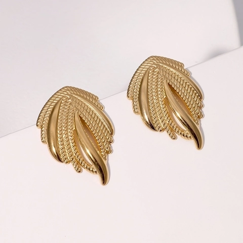 Pendientes De Ala De Pluma Texturizados De Acero Inoxidable Chapado En Oro De 18K Joyas Elegantes Minimalistas Para Mujer