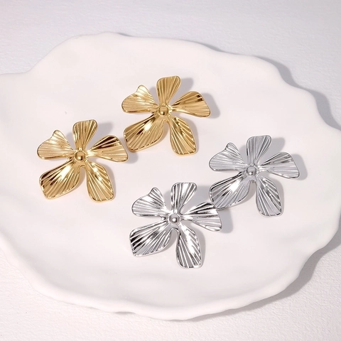 Flower Stud Earrings Stainless Steel 18K Gold Plated Textured Petal Exaggerated Fashion Jewelry For Women