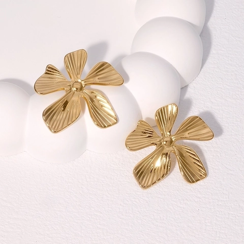 Flower Stud Earrings Stainless Steel 18K Gold Plated Textured Petal Exaggerated Fashion Jewelry For Women