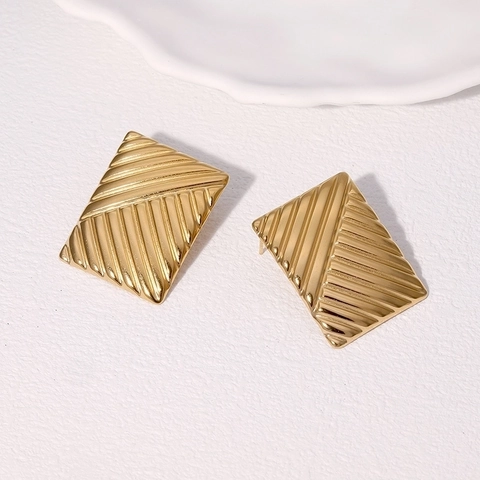 Pendientes Geométricos Rectangulares De Acero Inoxidable Chapados En Oro De 18K Textura De Cuadros Joyería Minimalista Para Mujeres