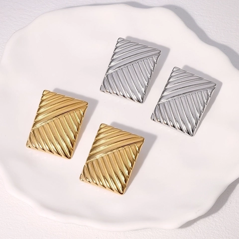 Pendientes Geométricos Rectangulares De Acero Inoxidable Chapados En Oro De 18K Textura De Cuadros Joyería Minimalista Para Mujeres