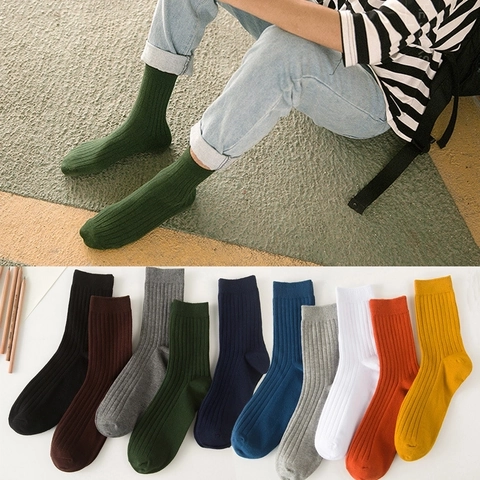 Herren Baumwolle Crew Socken Gerippt Einfarbig Atmungsaktiv Schweißabsorbierend Lässig Retro Preppy Style Mittellang