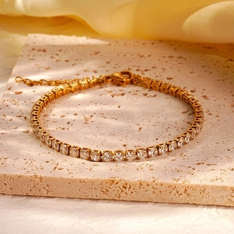 Women's 18K Gold Plated Stainless Steel Rhinestone Tennis Bracelet Minimalist Geometric Inlaid Zircon Round Adjustable Chain Jewelry