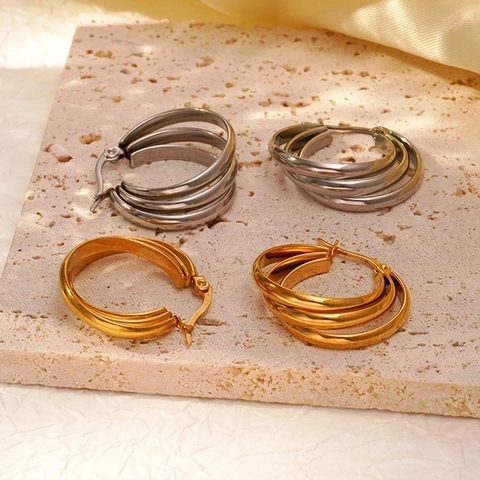 Orecchini a Cerchio Triplo Strato in Acciaio Inossidabile Vintage Francese Per Donna Oro Argento Galvanizzato Geometrico a Forma di U Gioielli Moda
