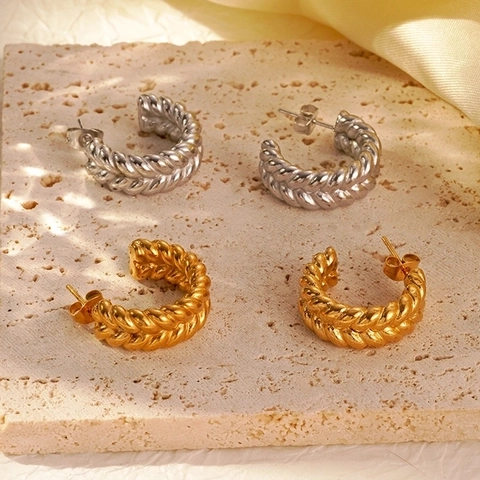 Europäische Mode 18K Vergoldet Edelstahl Creolen Für Damen Gedreht Ähre Doppelter Twist C-Förmiger Schmuck