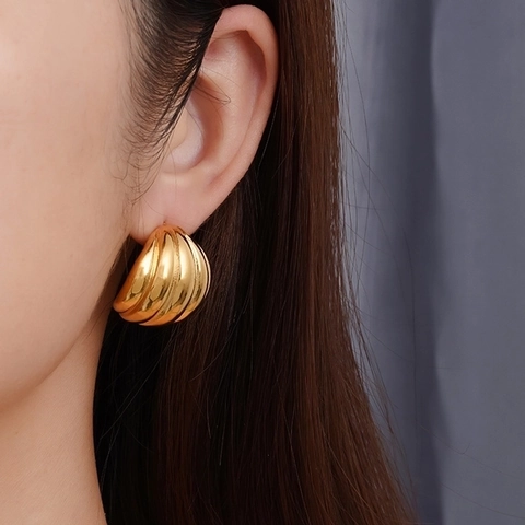 Pendientes De Botón Con Bola Acanalada Acero Inoxidable Chapado En Oro 18K Rayas Verticales Redondos Estilo Calabaza Para Mujer
