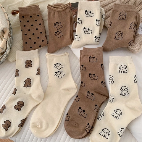 Women Combed Cotton Crew Socks Cartoon Dog Polka Dot Mid Calf Length Breathable Soft Casual Winter Autumn Fashionable