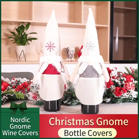 Housse De Bouteille De Vin Gnome De Noël Tissu Feutre Tomte Sans Visage Broderie Flocon De Neige Décoration Table