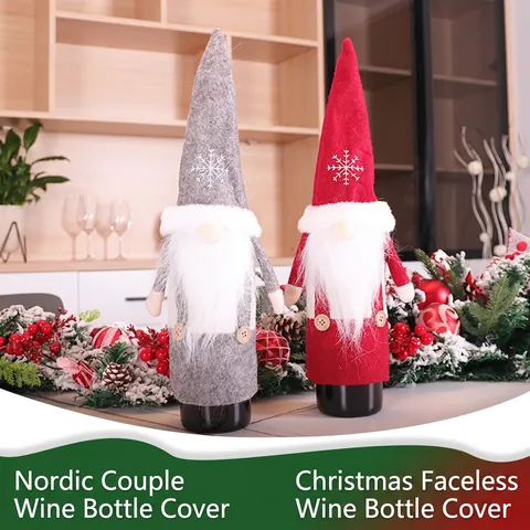 Housse De Bouteille De Vin Gnome De Noël Tissu Feutre Tomte Sans Visage Broderie Flocon De Neige Décoration Table