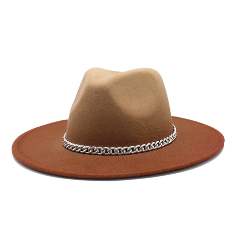 Breitem Rand Fedora Hut Wollfilz Farbverlauf Zweifarbig Jazz Kappe Mit Silberner Metallkette Retro Mode Unisex