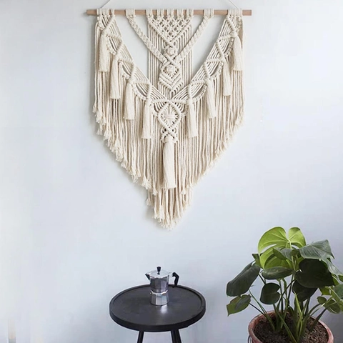 Arazzo Da Parete In Macramè Fatto A Mano Corda Di Cotone Con Palo In Legno Frange Bohemien Nappa Decorazione Casa Nordica Arte Geometrica