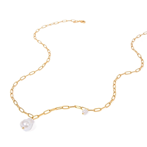 Artificial Baroque Pearl Pendant Necklace 18K Gold Plated Stainless Steel Paperclip Chain Waterproof Hypoallergenic Jewelry For Women