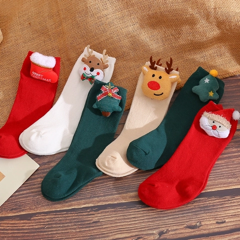 Weihnachts Baby Baumwollsocken Stereo Plüschpuppe Weihnachtsmann Rentier Baum Mittelhoch Atmungsaktiv Feiertag Kleinkind