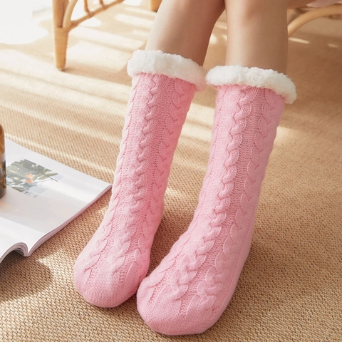 Damen Winter Zopfmuster Fleece Gefütterte Hausschuhsocken Dicke Warme Rutschfeste Bodensocken Für Zuhause Acryl Wadenhoch