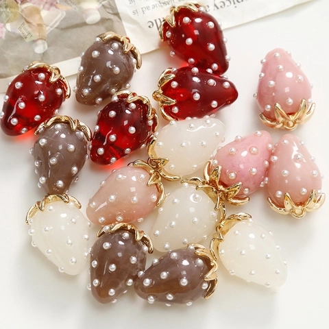 Strawberry Fruit Charms Resin Pendants With Faux Artificial Pearls And Gold Alloy Leaf For DIY Earring Necklace Jewelry Making