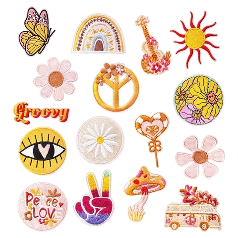 Toppe Ricamate Da Stirare Cucire Stile Boho Hippie Farfalla Arcobaleno Sole Margherita Segno Pace Decorazione Abbigliamento Accessori DIY