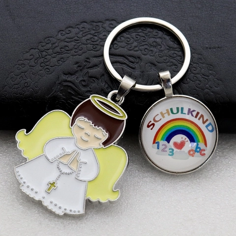 Portachiavi In Lega Di Metallo Angelo Smaltato E Arcobaleno Schulkind Regalo Di Ritorno A Scuola Ciondolo Borsa