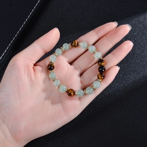 Bracciale di Perline in Pietra Occhio di Tigre e Avventurina Verde Naturale Con Distanziatori Metallici Gioielli Energetici Unisex