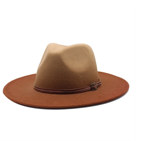 Fedora Hut Wollfilz Farbverlauf Breite Krempe Gürtelschnalle Britischer Stil Jazzhut Für Damen Herren