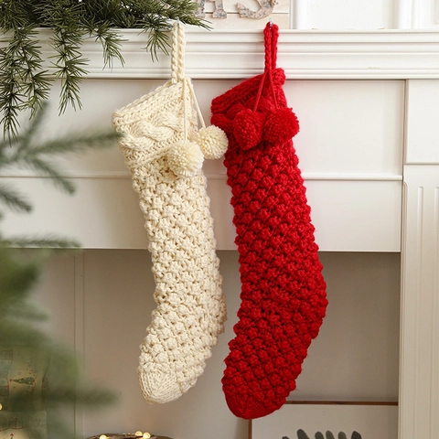 Calza Di Natale Lavorata A Maglia Grande Pompon Decorazione Da Appendere Camino Sacchetto Regalo Caramelle Tinta Unita Rustico