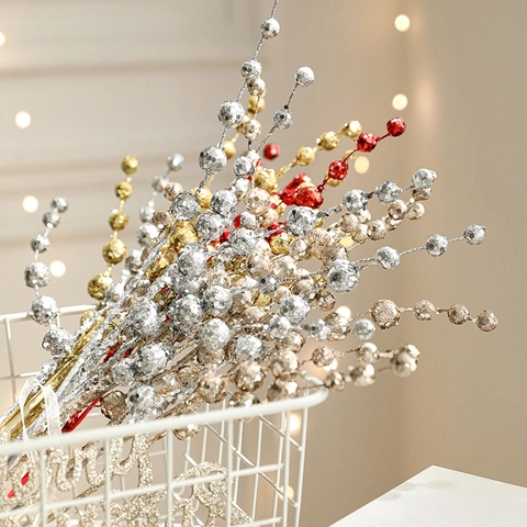 Branches De Baies Pailletées De Noël Pics Perlés Pour Décor De Sapin Vase Arrangement Floral Ornement