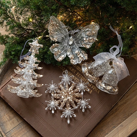 Kerstboom Hangende Ornamenten Transparante Acryl Hangers Glitter Pailletten Sneeuwvlok Rendier Ster Vlinder Vakantie Decoratie